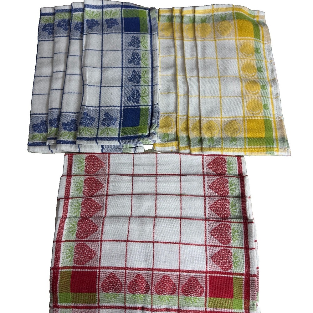Vtg NOS Kitchen Dish Towels Set 12 Cotton Linen Plaid Berries Citrus Tea Towels
